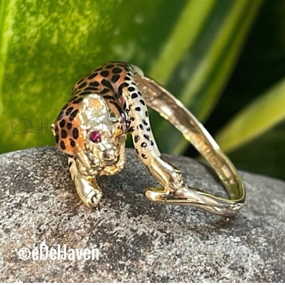 14k Ruby Eyed - Enamel panther Ring - Picture 1 of 9